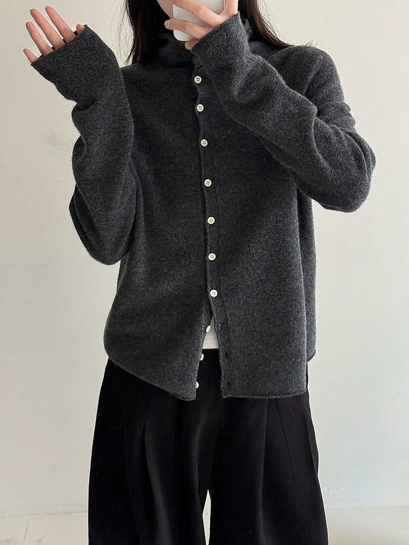 100 wool rolled hem single breasted knitting shirt women's winter half turtleneck sweatercardigan bottomtops