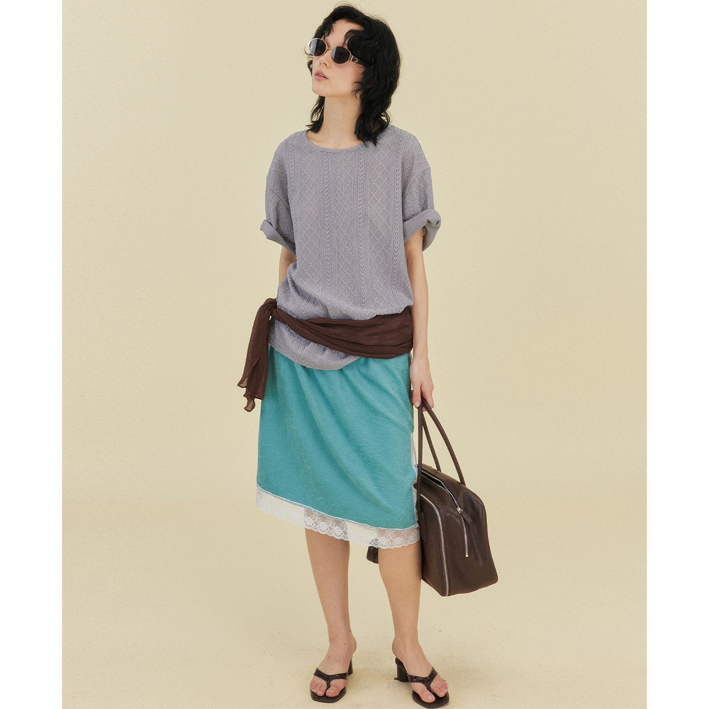 Textured Jacquard Irregular Knitted Short Sleeve T-Shirt
