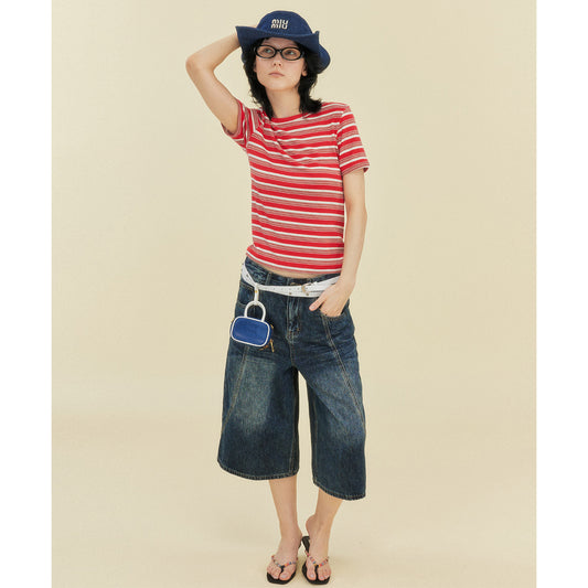 Contrasting Striped Shoulder Short Sleeve T-Shirt