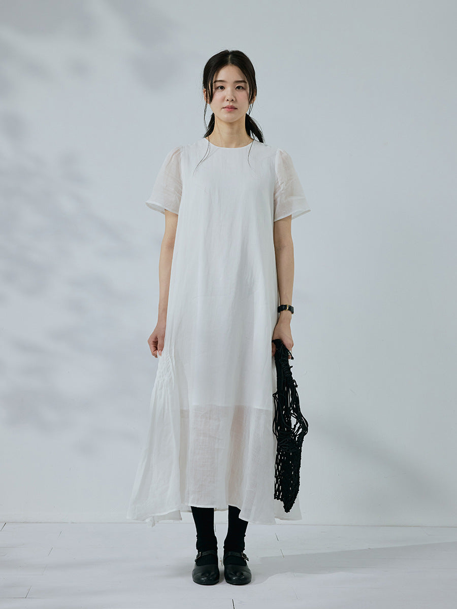 100% Linen Crew Neck Loose Short Sleeve Side Striped Holiday Style Dress