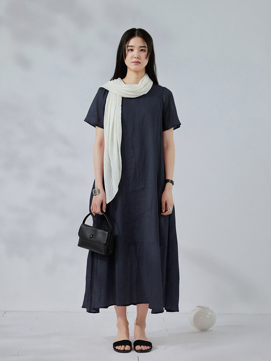 100% Linen Crew Neck Loose Short Sleeve Side Striped Holiday Style Dress