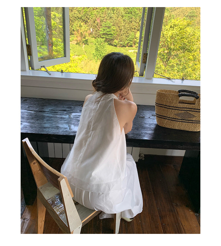 Pure white stand-up neck sleeveless neck lace chiffon shirt