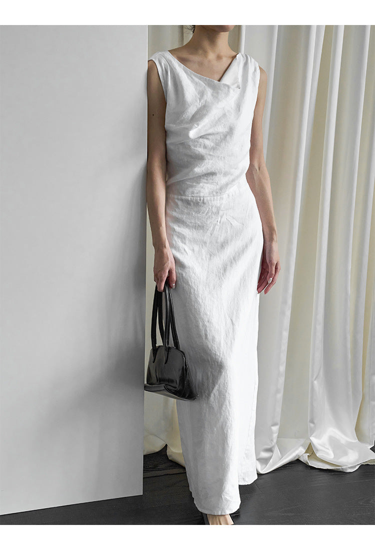 100% linen one-word shoulder dress elegant and thin summer dress