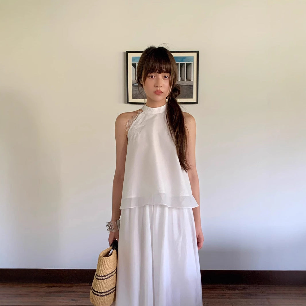 Pure white stand-up neck sleeveless neck lace chiffon shirt