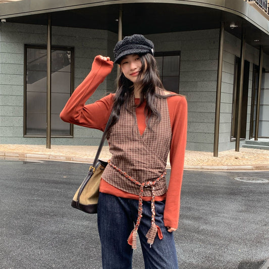 Plaid strap neck vest two-piece long-sleeved t-shirt