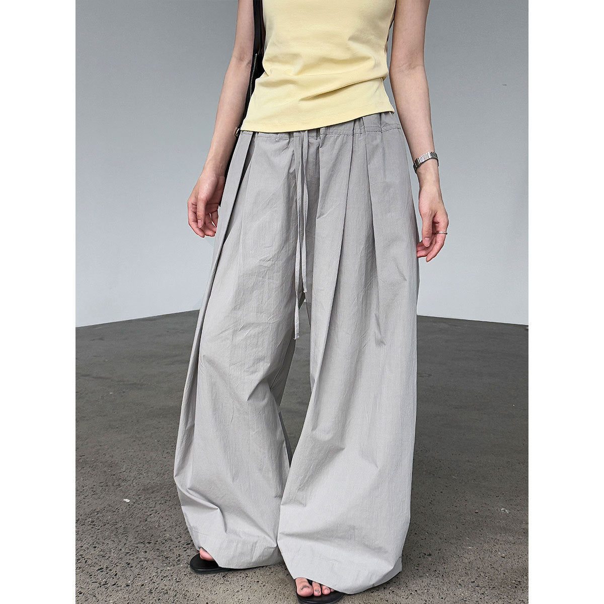 100 cotton high-waisted versatile lace-up straight-leg pants women's new summer thin casual wide-leg trousers