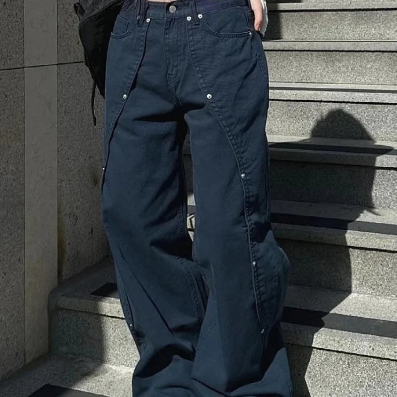 &nbsp;Y2K Vintage Wide Leg Jeans with Rivet Patchwork