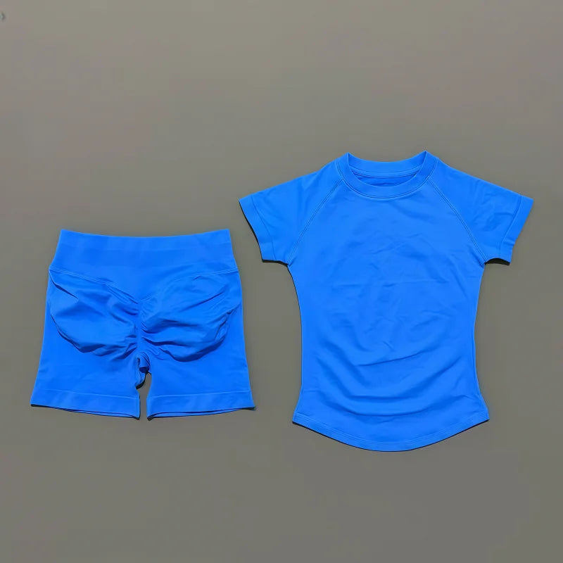 2 Pcs HISTELLO Impact Sports Sets Short Sleeve Seamless Yoga Top Fitness Set Women Workout Running Sports Shorts Gym Suit