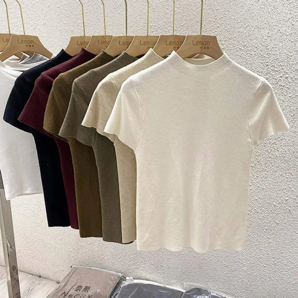 2025 Pullover Sweater  Basic Layering Piece Thin  Pullover Women Female Knitted Sweater Slim Short Sleeve Bodycon Sweater