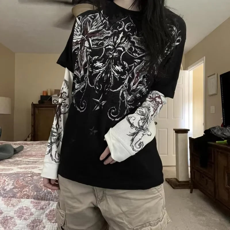 Y2K Patchwork Long Sleeve Top