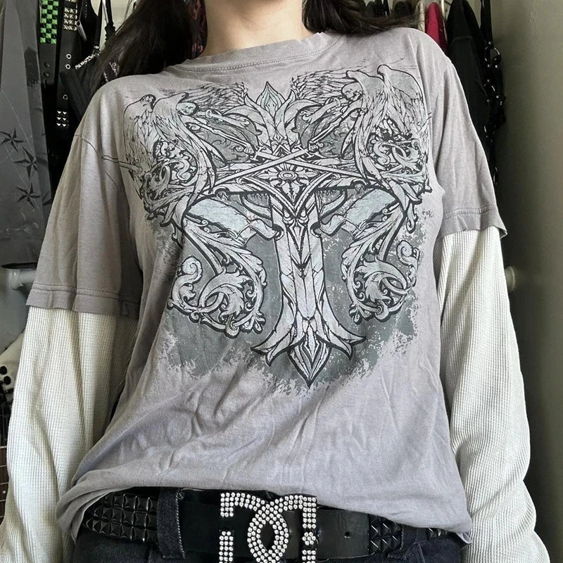 Y2K Patchwork Long Sleeve Top
