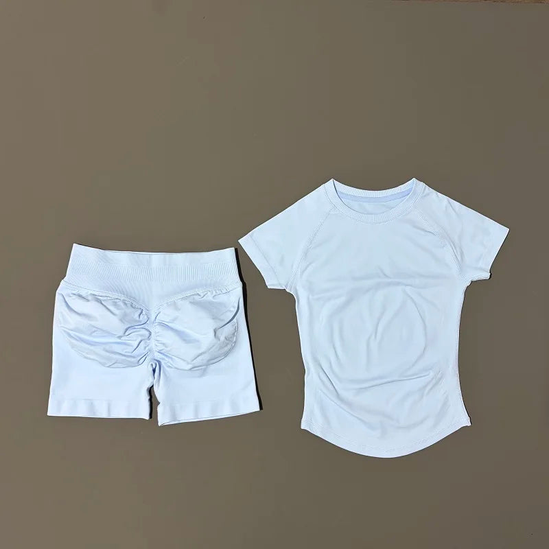 2 Pcs HISTELLO Impact Sports Sets Short Sleeve Seamless Yoga Top Fitness Set Women Workout Running Sports Shorts Gym Suit