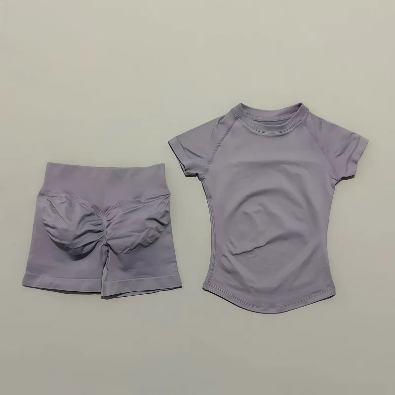 2 Pcs HISTELLO Impact Sports Sets Short Sleeve Seamless Yoga Top Fitness Set Women Workout Running Sports Shorts Gym Suit