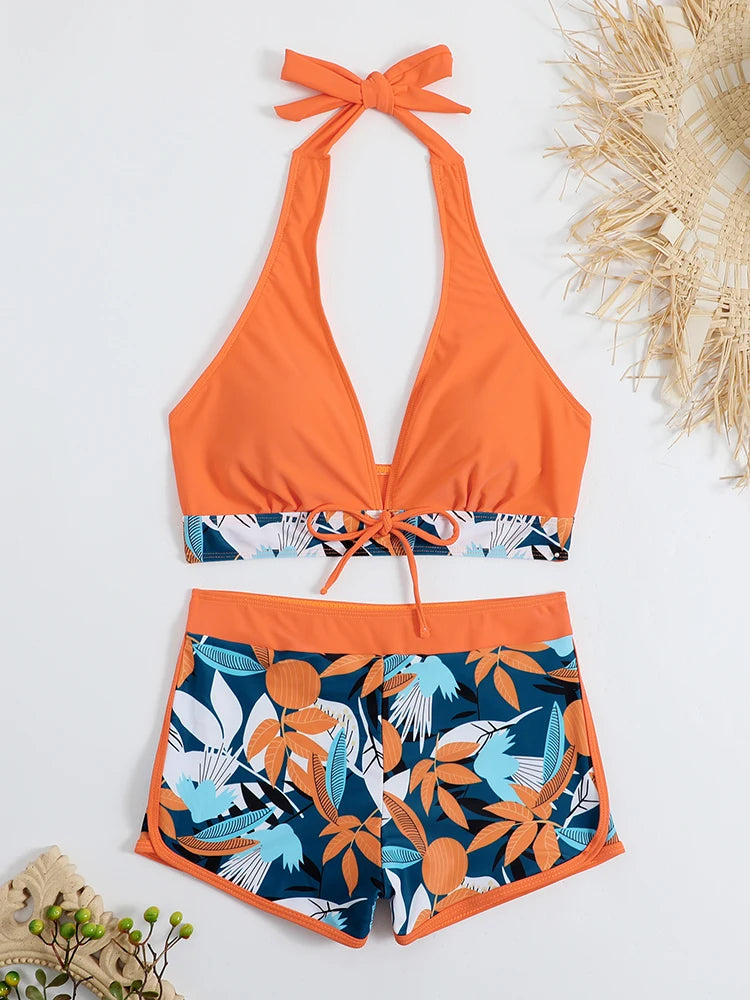 2026 Halter Bikini Set Short Swimsuit Women High Waist Swimwear Female Printed Bathers Swimming Bathing Swim Suit Beachwear