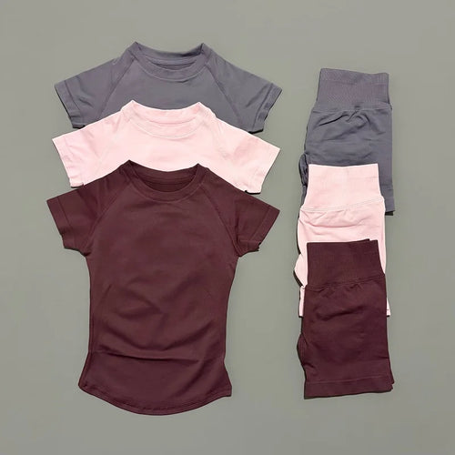 2 Pcs HISTELLO Impact Sports Sets Short Sleeve Seamless Yoga Top Fitness Set Women Workout Running Sports Shorts Gym Suit