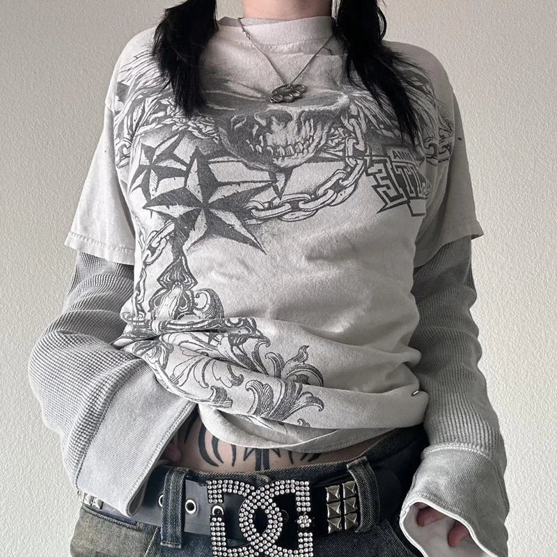 Y2K Patchwork Long Sleeve Top