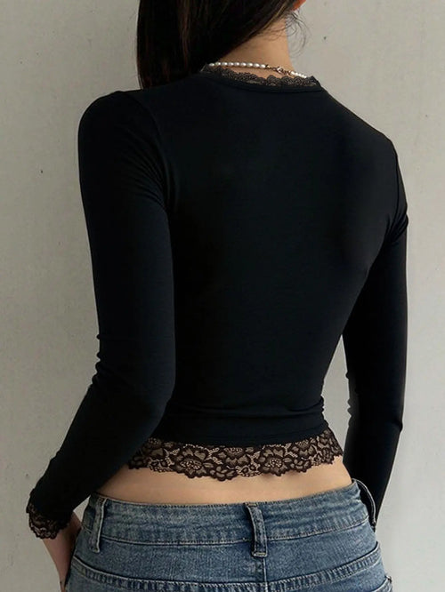 2000s Graphic T Shirt Vintage Fairy Grunge Women Autumn Lace Trim Long Sleeve Slim Fits Tops y2k Clothes Basic Harajuku Tees