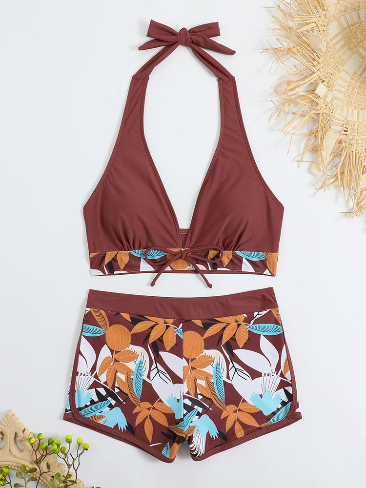 2026 Halter Bikini Set Short Swimsuit Women High Waist Swimwear Female Printed Bathers Swimming Bathing Swim Suit Beachwear