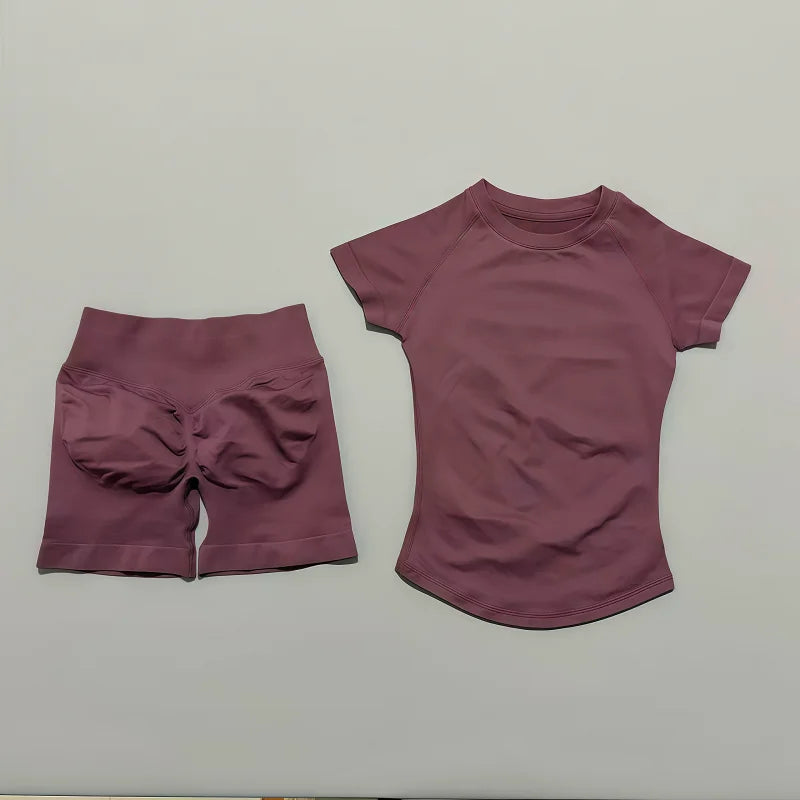 2 Pcs HISTELLO Impact Sports Sets Short Sleeve Seamless Yoga Top Fitness Set Women Workout Running Sports Shorts Gym Suit