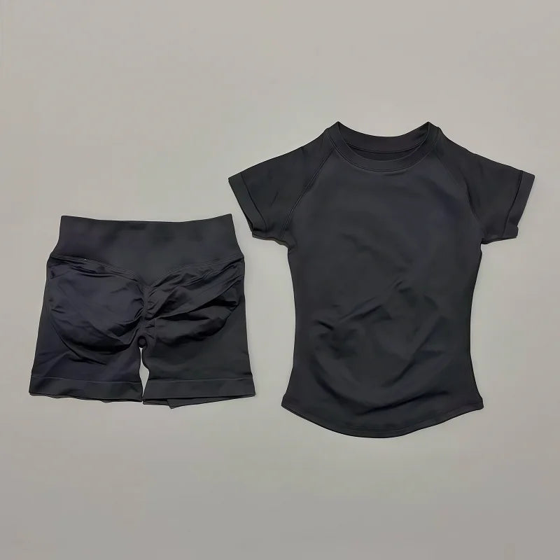 2 Pcs HISTELLO Impact Sports Sets Short Sleeve Seamless Yoga Top Fitness Set Women Workout Running Sports Shorts Gym Suit