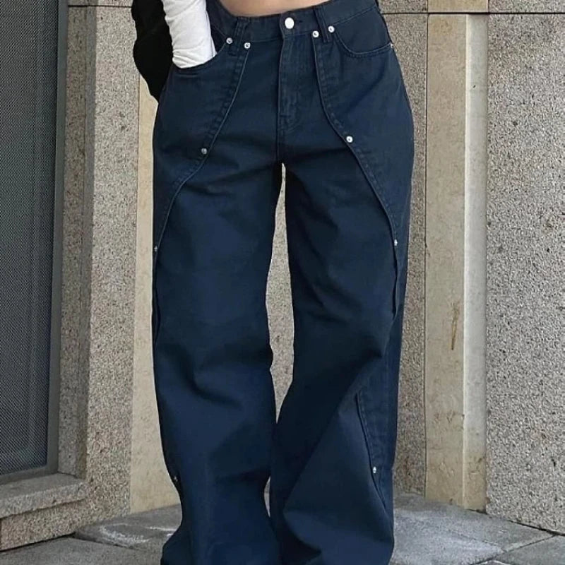 &nbsp;Y2K Vintage Wide Leg Jeans with Rivet Patchwork