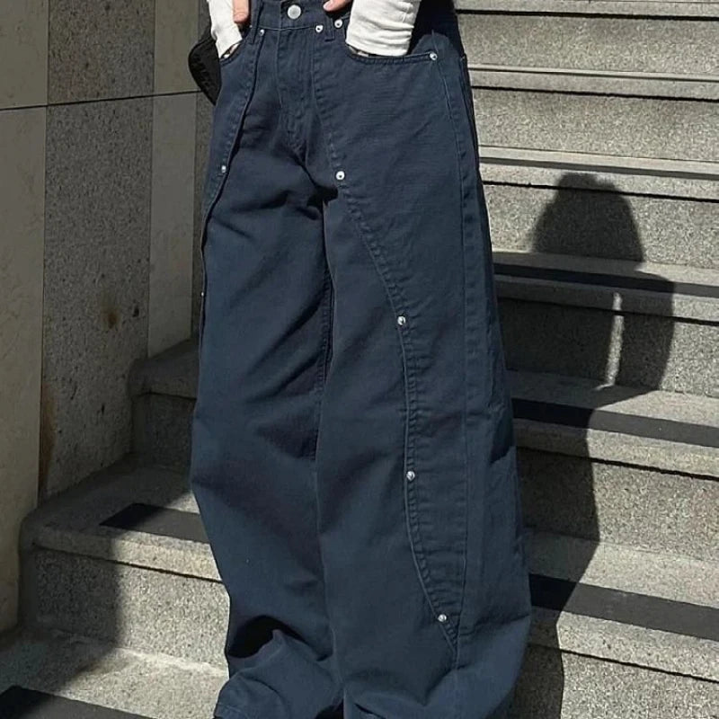 &nbsp;Y2K Vintage Wide Leg Jeans with Rivet Patchwork
