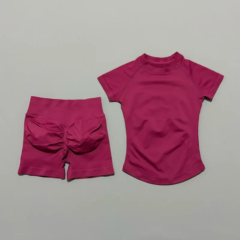 2 Pcs HISTELLO Impact Sports Sets Short Sleeve Seamless Yoga Top Fitness Set Women Workout Running Sports Shorts Gym Suit
