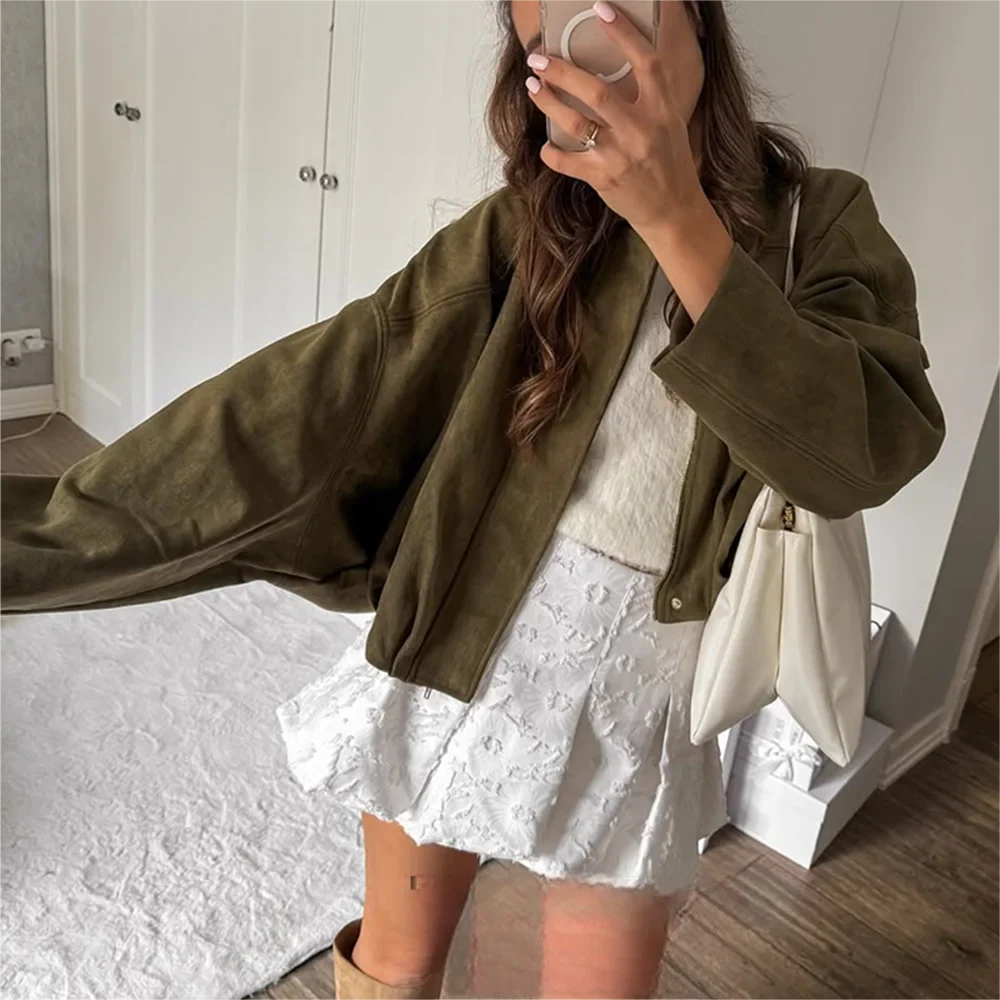 Women's Cropped Bomber Jacket | Lantern Sleeve Oversized Zip-Up Coat