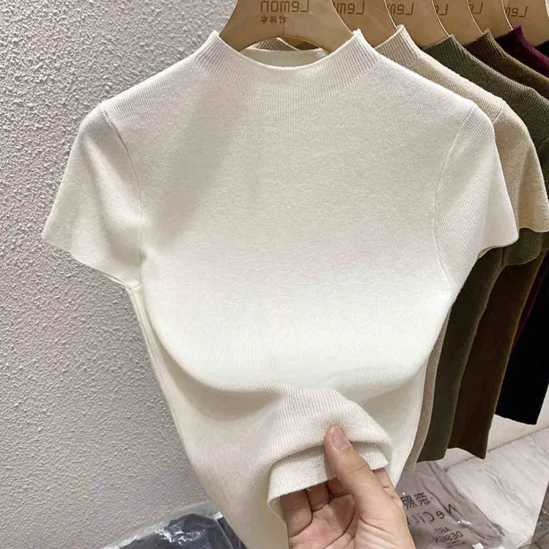 2025 Pullover Sweater  Basic Layering Piece Thin  Pullover Women Female Knitted Sweater Slim Short Sleeve Bodycon Sweater