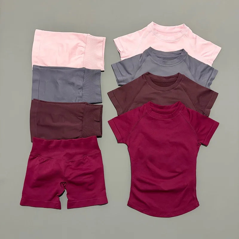 2 Pcs HISTELLO Impact Sports Sets Short Sleeve Seamless Yoga Top Fitness Set Women Workout Running Sports Shorts Gym Suit