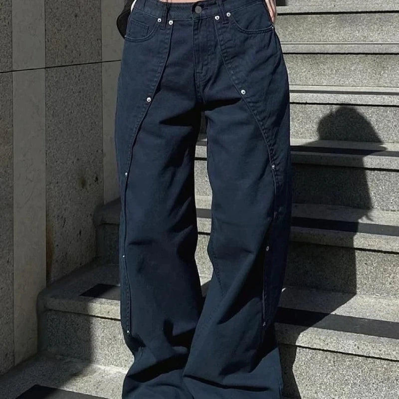 &nbsp;Y2K Vintage Wide Leg Jeans with Rivet Patchwork