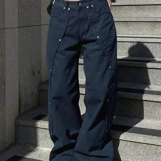 &nbsp;Y2K Vintage Wide Leg Jeans with Rivet Patchwork