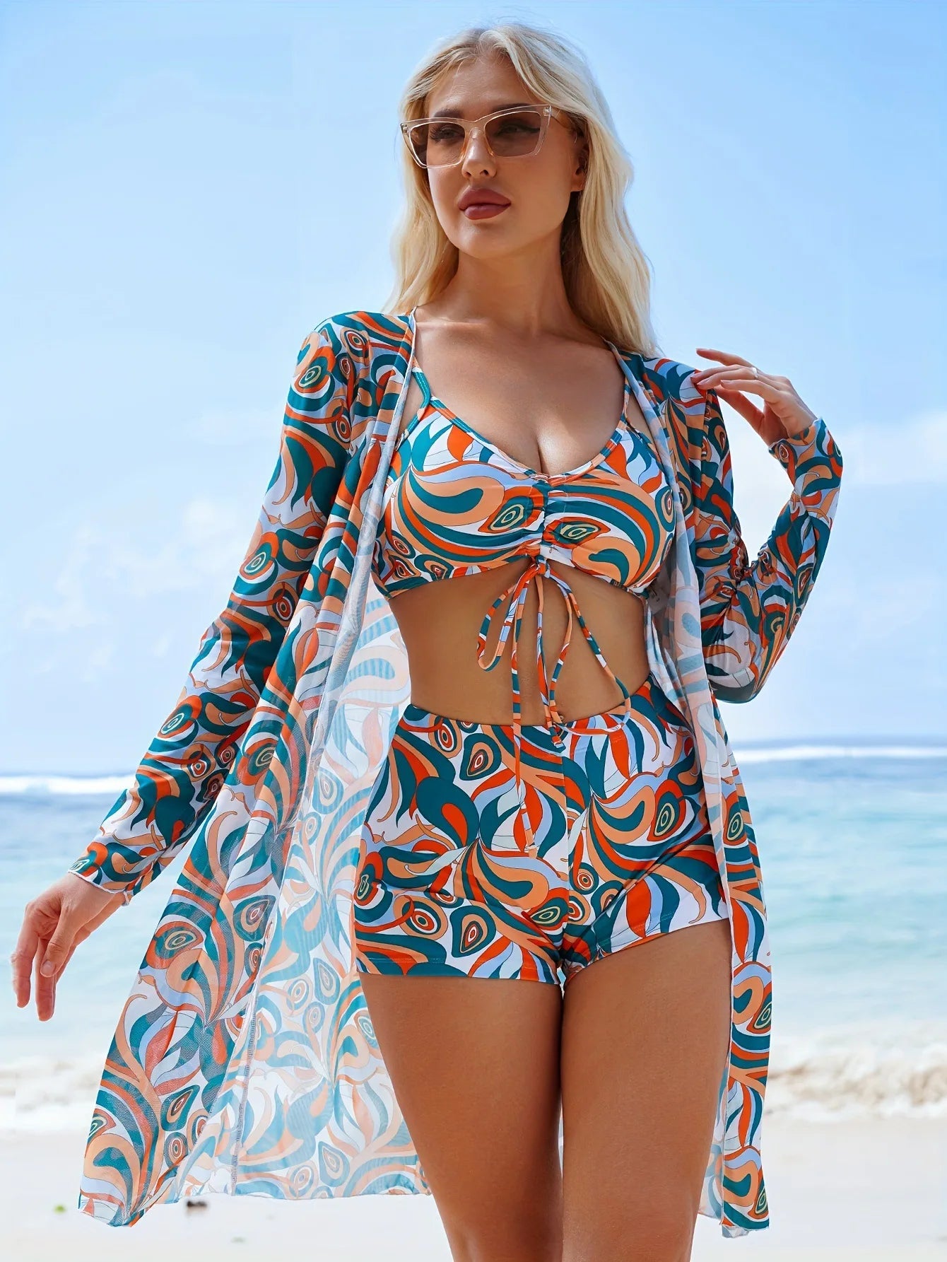 Bikini Swimsuit Three-Piece Set Women's Fashionable Beach Swimming Wear Butterfly Knot Strapless Long Sleeve Polyester Fabric