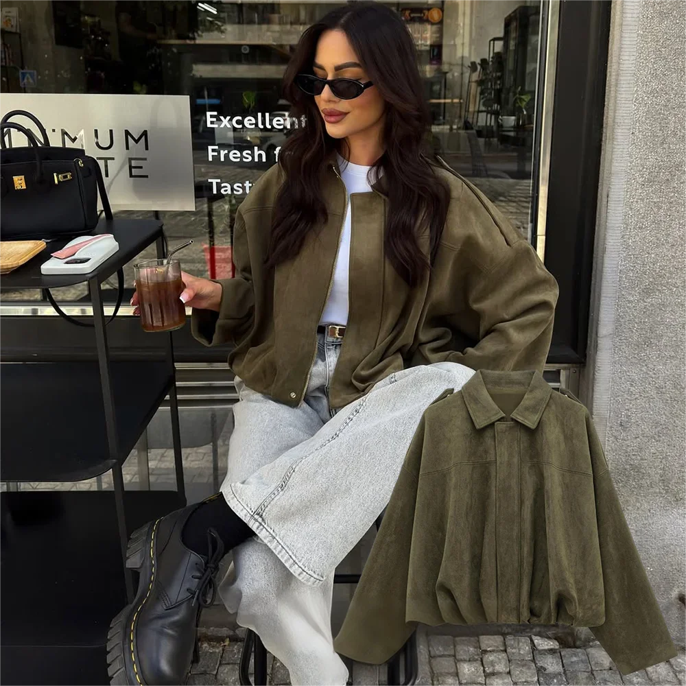 Women's Cropped Bomber Jacket | Lantern Sleeve Oversized Zip-Up Coat