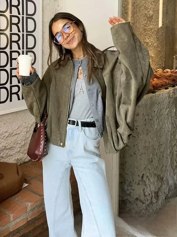 Women's Cropped Bomber Jacket | Lantern Sleeve Oversized Zip-Up Coat
