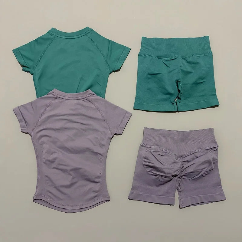 2 Pcs HISTELLO Impact Sports Sets Short Sleeve Seamless Yoga Top Fitness Set Women Workout Running Sports Shorts Gym Suit