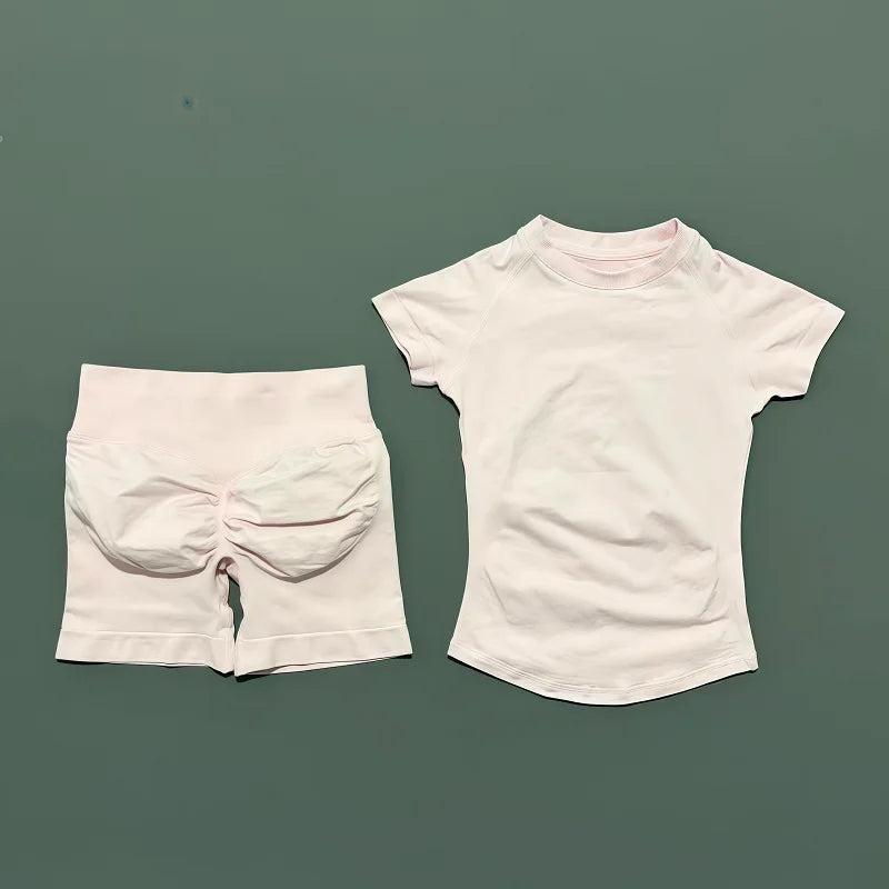 2 Pcs HISTELLO Impact Sports Sets Short Sleeve Seamless Yoga Top Fitness Set Women Workout Running Sports Shorts Gym Suit