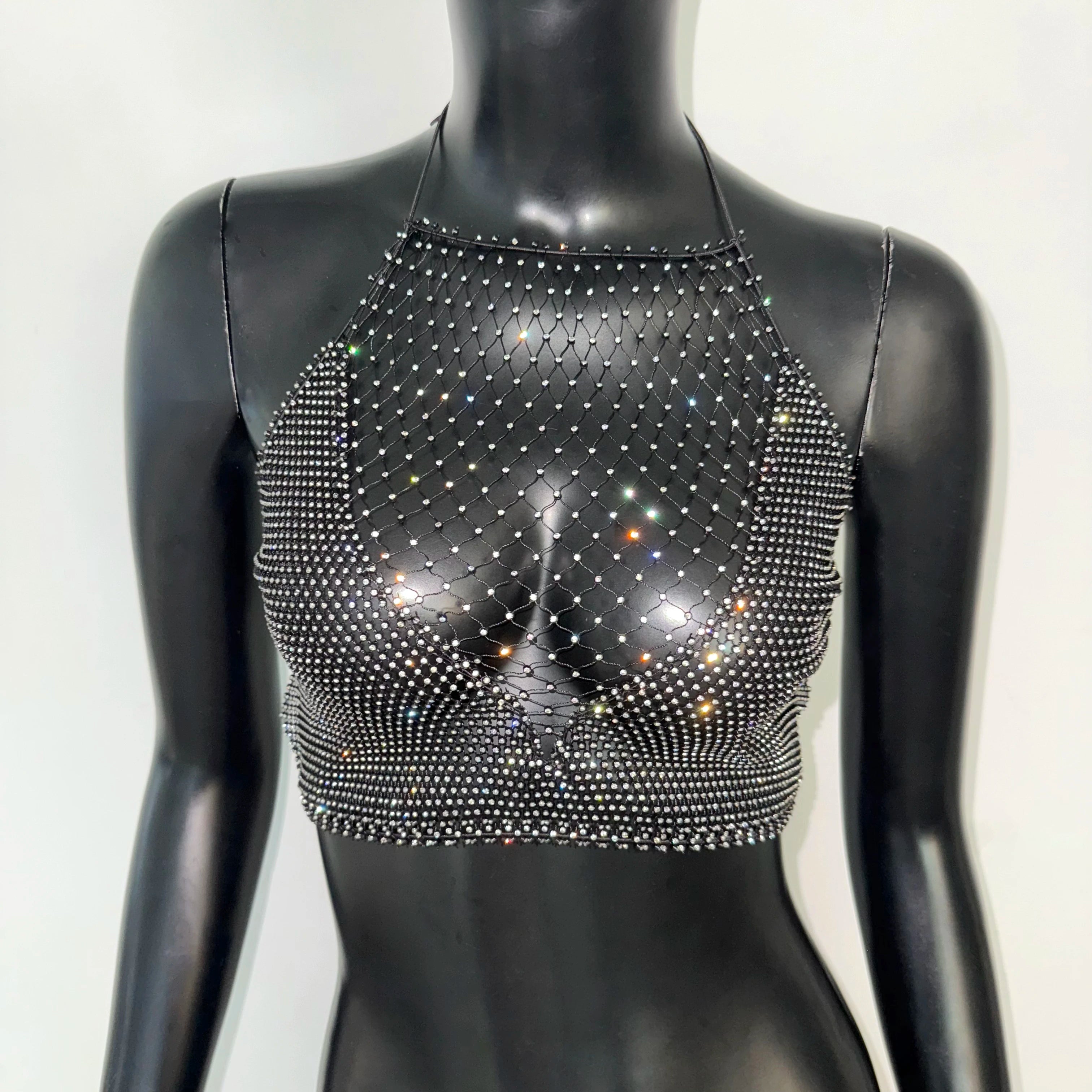 AKYZO European And American Splicing Bright Diamond Fishing Net Spicy Girl Suspender Sexy Party Vest Top