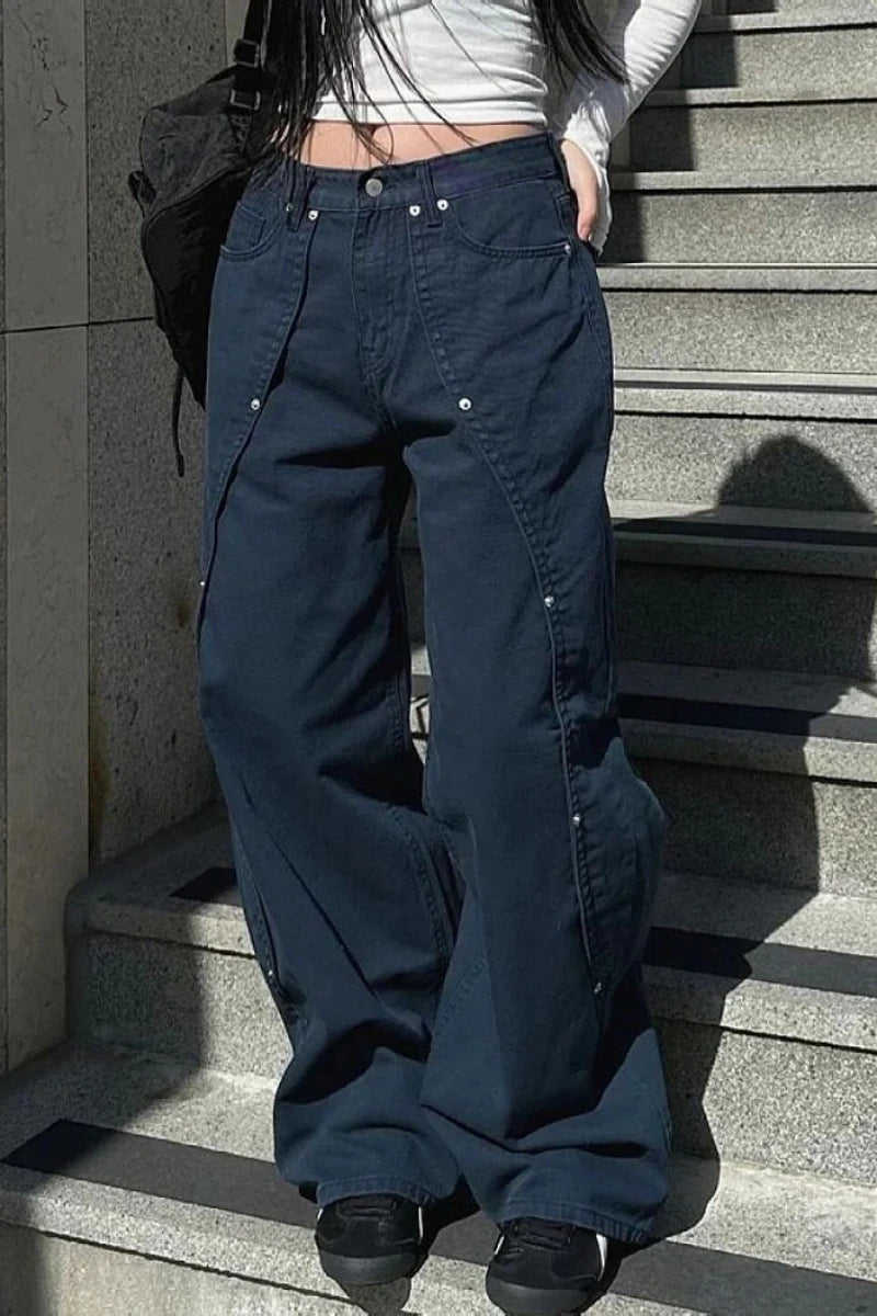 &nbsp;Y2K Vintage Wide Leg Jeans with Rivet Patchwork