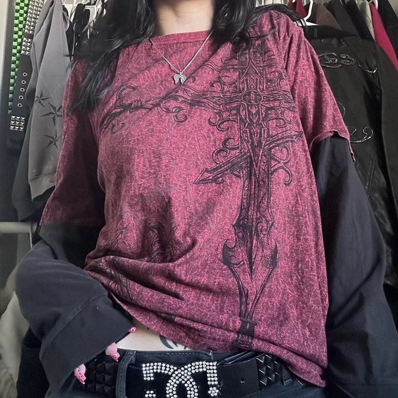 Y2K Patchwork Long Sleeve Top