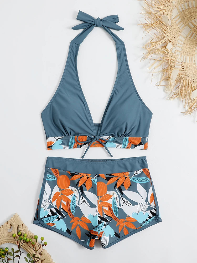 2026 Halter Bikini Set Short Swimsuit Women High Waist Swimwear Female Printed Bathers Swimming Bathing Swim Suit Beachwear