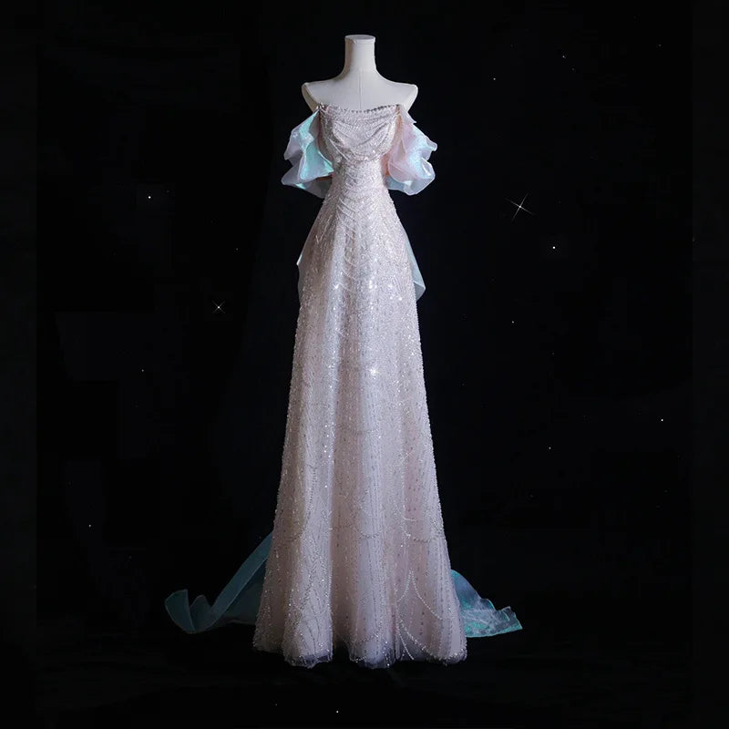 2025 Elegant Shiny Women Evening Dresses High End Pearls Sequins with Bow Prom Birthday Party Gowns Formal Robes De Soirée