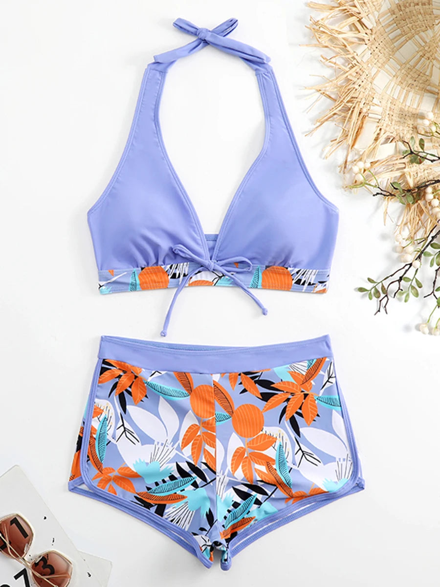 2026 Halter Bikini Set Short Swimsuit Women High Waist Swimwear Female Printed Bathers Swimming Bathing Swim Suit Beachwear
