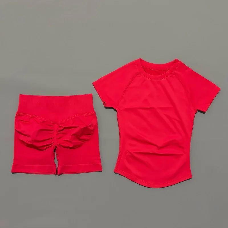 2 Pcs HISTELLO Impact Sports Sets Short Sleeve Seamless Yoga Top Fitness Set Women Workout Running Sports Shorts Gym Suit